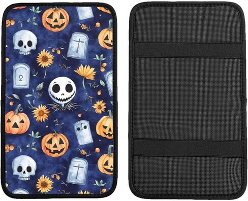Skull Skellington Halloween Pumpkins Sunflowers Car Auto Armrest Cushion Cover Accessories Center Console Seat Box Pad Protector Universal Decoration for Most Vehicle SUV Truck in Kuwait