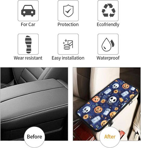 Skull Skellington Halloween Pumpkins Sunflowers Car Auto Armrest Cushion Cover Accessories Center Console Seat Box Pad Protector Universal Decoration for Most Vehicle SUV Truck in Kuwait