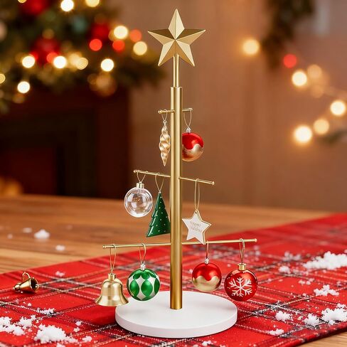 Elyken Christmas Display Display Tree لسطح المكتب مع قاعدة مستقرة خشبية ، 6 حامل معدني للحلي وزينة العطلات ، الذهب ، 22.8 بوصة in Kuwait
