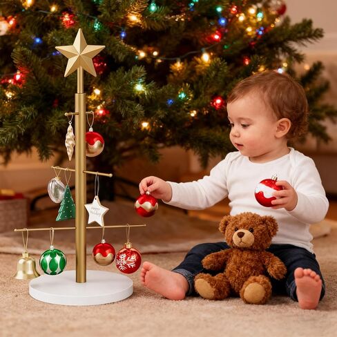 Elyken Christmas Display Display Tree لسطح المكتب مع قاعدة مستقرة خشبية ، 6 حامل معدني للحلي وزينة العطلات ، الذهب ، 22.8 بوصة in Kuwait