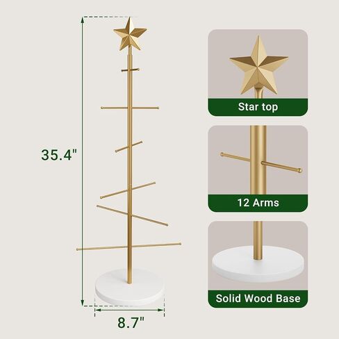 Elyken Christmas Display Display Tree لسطح المكتب مع قاعدة مستقرة خشبية ، 6 حامل معدني للحلي وزينة العطلات ، الذهب ، 22.8 بوصة in Kuwait