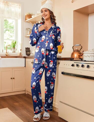 Ekouaer Women Satin Pajamas Set Classic Button Down Long Pjs Set in Saudi Arabia