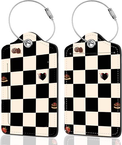 2Pack أمتعة علامات للحقائب ، لطيفة فريدة من نوعها PU Leather Cruise Lugge Tag مع بطاقة عنوان ID Cover Privacy وحلقة المعادن مناسبة للنساء الأطفال BAGE Beige Black Plaid in Saudi Arabia