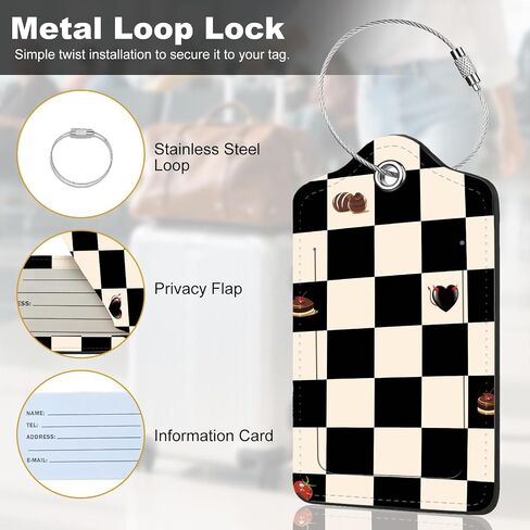 2Pack أمتعة علامات للحقائب ، لطيفة فريدة من نوعها PU Leather Cruise Lugge Tag مع بطاقة عنوان ID Cover Privacy وحلقة المعادن مناسبة للنساء الأطفال BAGE Beige Black Plaid in Saudi Arabia