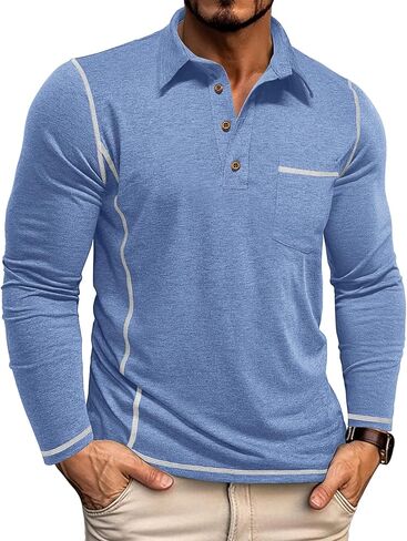 Mens Athletic Polo Shirt Lightweight Long Sleeve Button Collar Shirts with Pocket in Saudi Arabia