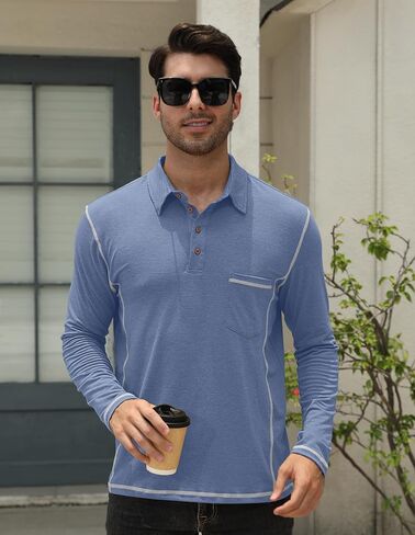 Mens Athletic Polo Shirt Lightweight Long Sleeve Button Collar Shirts with Pocket in Saudi Arabia