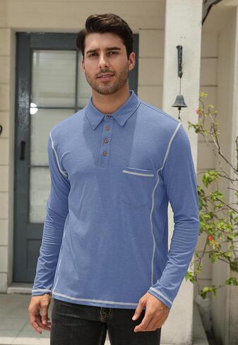 Mens Athletic Polo Shirt Lightweight Long Sleeve Button Collar Shirts with Pocket in Saudi Arabia