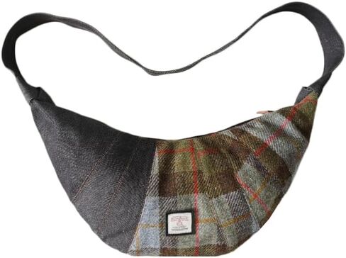 Harris Tweed Crescent Crossbody Bag for Women and Men, Tartan Wool & Denim Hobo Shoulder Bag, Vintage Travel Purse in Kuwait