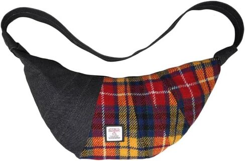 Harris Tweed Crescent Crossbody Bag for Women and Men, Tartan Wool & Denim Hobo Shoulder Bag, Vintage Travel Purse in Kuwait