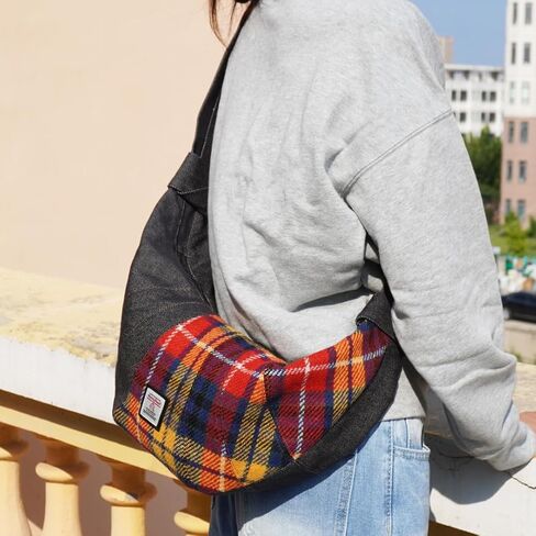 Harris Tweed Crescent Crossbody Bag for Women and Men, Tartan Wool & Denim Hobo Shoulder Bag, Vintage Travel Purse in Kuwait
