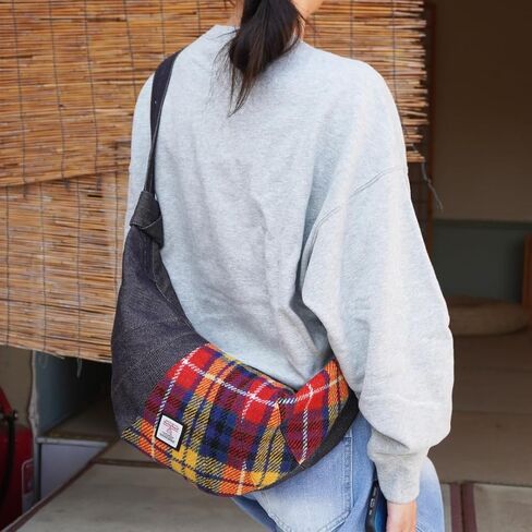 Harris Tweed Crescent Crossbody Bag for Women and Men, Tartan Wool & Denim Hobo Shoulder Bag, Vintage Travel Purse in Kuwait