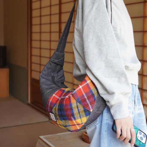 Harris Tweed Crescent Crossbody Bag for Women and Men, Tartan Wool & Denim Hobo Shoulder Bag, Vintage Travel Purse in Kuwait
