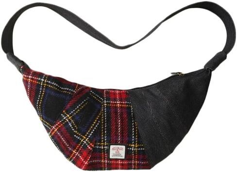 Harris Tweed Crescent Crossbody Bag for Women and Men, Tartan Wool & Denim Hobo Shoulder Bag, Vintage Travel Purse in Kuwait