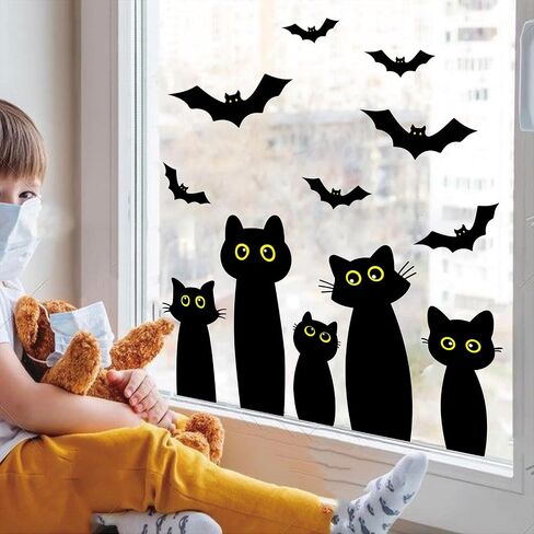 Whaline 6 Sheets Halloween Black Cat Window Clings Cartoon Cat Bat Silhouette Sclhouette Window Window For For Holiday Home Office School Decor in Saudi Arabia