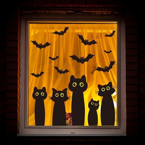 Whaline 6 Sheets Halloween Black Cat Window Clings Cartoon Cat Bat Silhouette Sclhouette Window Window For For Holiday Home Office School Decor in Saudi Arabia