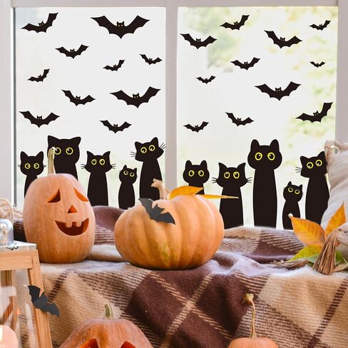 Whaline 6 Sheets Halloween Black Cat Window Clings Cartoon Cat Bat Silhouette Sclhouette Window Window For For Holiday Home Office School Decor in Saudi Arabia