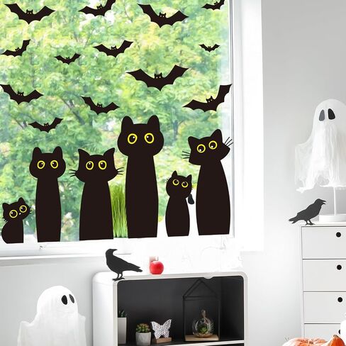 Whaline 6 Sheets Halloween Black Cat Window Clings Cartoon Cat Bat Silhouette Sclhouette Window Window For For Holiday Home Office School Decor in Saudi Arabia