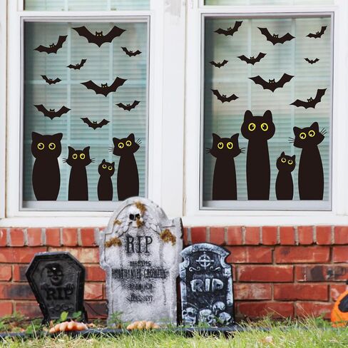 Whaline 6 Sheets Halloween Black Cat Window Clings Cartoon Cat Bat Silhouette Sclhouette Window Window For For Holiday Home Office School Decor in Saudi Arabia