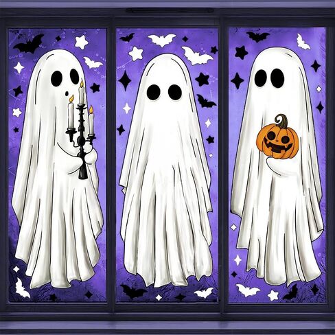 Halloween Large Ghosts Window Clings, 6 Sheets 51Pcs Extra Large Scary White Ghosts with Pumpkin Lantern Halloween Window Decals Indoor, Creppy School Home Office Party Supplies for Glass Windows in Saudi Arabia