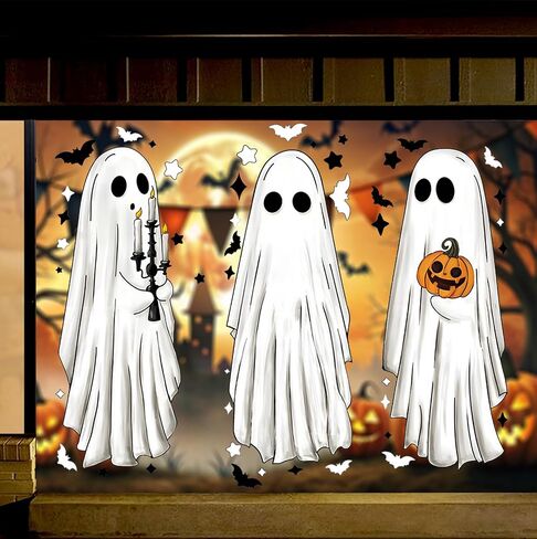 Halloween Large Ghosts Window Clings, 6 Sheets 51Pcs Extra Large Scary White Ghosts with Pumpkin Lantern Halloween Window Decals Indoor, Creppy School Home Office Party Supplies for Glass Windows in Saudi Arabia