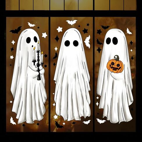 Halloween Large Ghosts Window Clings, 6 Sheets 51Pcs Extra Large Scary White Ghosts with Pumpkin Lantern Halloween Window Decals Indoor, Creppy School Home Office Party Supplies for Glass Windows in Saudi Arabia