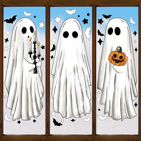 Halloween Large Ghosts Window Clings, 6 Sheets 51Pcs Extra Large Scary White Ghosts with Pumpkin Lantern Halloween Window Decals Indoor, Creppy School Home Office Party Supplies for Glass Windows in Saudi Arabia