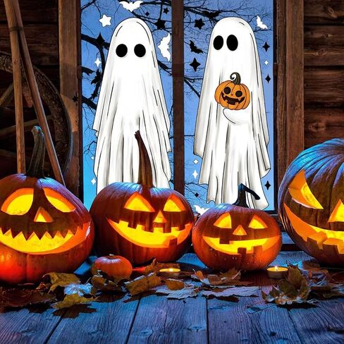 Halloween Large Ghosts Window Clings, 6 Sheets 51Pcs Extra Large Scary White Ghosts with Pumpkin Lantern Halloween Window Decals Indoor, Creppy School Home Office Party Supplies for Glass Windows in Saudi Arabia