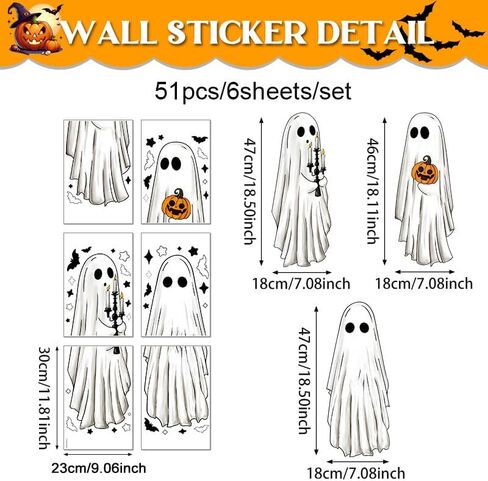 Halloween Large Ghosts Window Clings, 6 Sheets 51Pcs Extra Large Scary White Ghosts with Pumpkin Lantern Halloween Window Decals Indoor, Creppy School Home Office Party Supplies for Glass Windows in Saudi Arabia