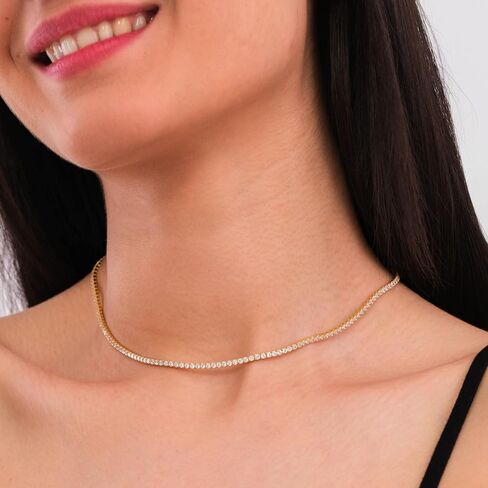 MIONZA 18K Gold Vermeil 2mm Simulated Tennis Necklace for Women, Tennis Chain Choker Chunky Long Necklace Birthday Gift for Her in Saudi Arabia