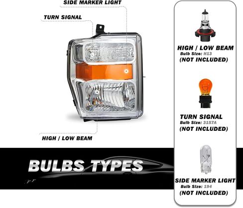 Headlight Assembly Set Compatible with 2008-2010 Ford F-250 F-350 F-450 F-550 Super Duty OE Style Headlamp Replacement Passenger and Driver Side (Chrome Housing with Amber Reflector) in Saudi Arabia