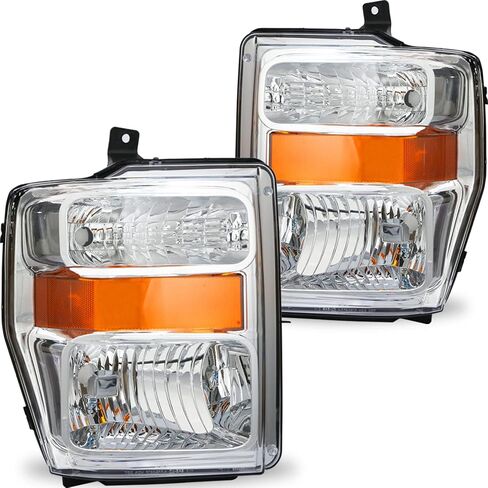 Headlight Assembly Set Compatible with 2008-2010 Ford F-250 F-350 F-450 F-550 Super Duty OE Style Headlamp Replacement Passenger and Driver Side (Chrome Housing with Amber Reflector) in Saudi Arabia