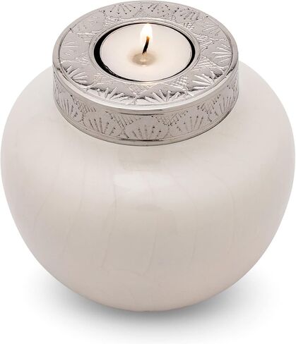 تجريبيات حرق الجثث الصغيرة للرماد البشري البالغ - جرة بيضاء زخرفية للرماد البالغات البالغة - تخمين حرق التذاكر الصغيرة للرجال والنساء - يشترك في رماد أحبائهم - ما يصل إلى 50 رطلاً و 5 × 5x 5in. in Kuwait