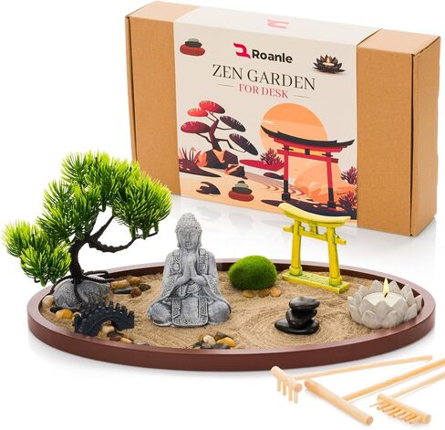 Zen Garden for Desk 13x8in – Japanese Decor with Buddha, Artificial Bonsai Tree, Tools & Accessories – Mini Zen Garden Kit for Office Desk, Home, Meditation Room, Desktop Gift Set in Saudi Arabia
