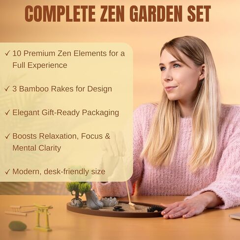 Zen Garden for Desk 13x8in – Japanese Decor with Buddha, Artificial Bonsai Tree, Tools & Accessories – Mini Zen Garden Kit for Office Desk, Home, Meditation Room, Desktop Gift Set in Saudi Arabia