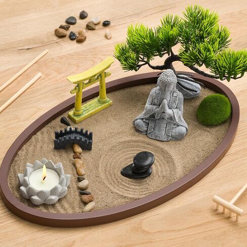 Zen Garden for Desk 13x8in – Japanese Decor with Buddha, Artificial Bonsai Tree, Tools & Accessories – Mini Zen Garden Kit for Office Desk, Home, Meditation Room, Desktop Gift Set in Saudi Arabia