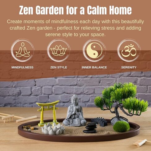 Zen Garden for Desk 13x8in – Japanese Decor with Buddha, Artificial Bonsai Tree, Tools & Accessories – Mini Zen Garden Kit for Office Desk, Home, Meditation Room, Desktop Gift Set in Saudi Arabia
