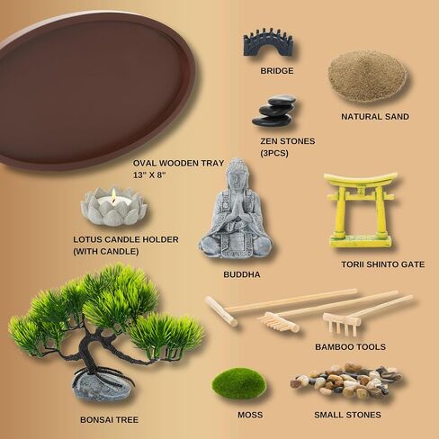 Zen Garden for Desk 13x8in – Japanese Decor with Buddha, Artificial Bonsai Tree, Tools & Accessories – Mini Zen Garden Kit for Office Desk, Home, Meditation Room, Desktop Gift Set in Saudi Arabia