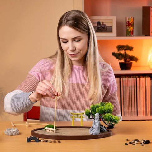 Zen Garden for Desk 13x8in – Japanese Decor with Buddha, Artificial Bonsai Tree, Tools & Accessories – Mini Zen Garden Kit for Office Desk, Home, Meditation Room, Desktop Gift Set in Saudi Arabia