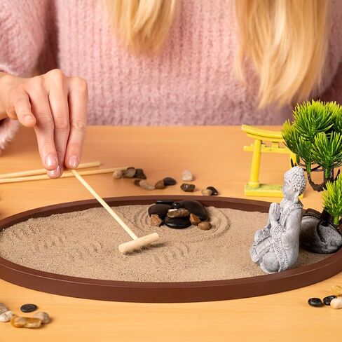 Zen Garden for Desk 13x8in – Japanese Decor with Buddha, Artificial Bonsai Tree, Tools & Accessories – Mini Zen Garden Kit for Office Desk, Home, Meditation Room, Desktop Gift Set in Saudi Arabia