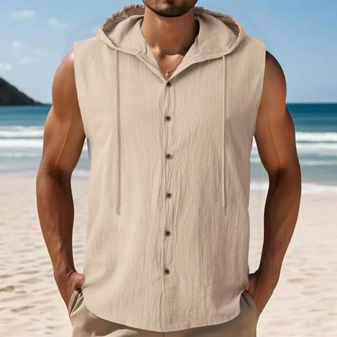 Men Linen Sleeveless Hoodies Button Down Shirt Summer Casual Hawaiian Beach Lightweight Fashion Hoodies in Saudi Arabia