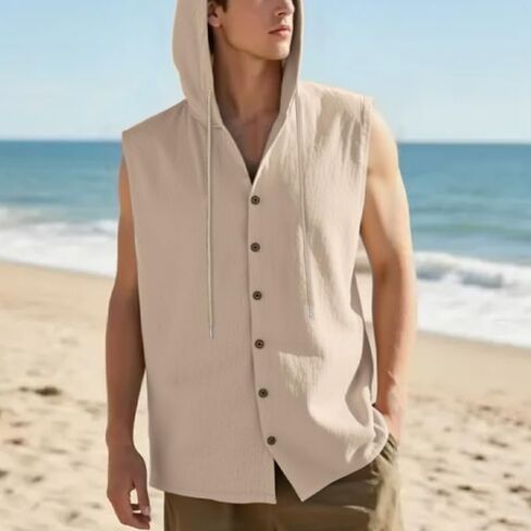 Men Linen Sleeveless Hoodies Button Down Shirt Summer Casual Hawaiian Beach Lightweight Fashion Hoodies in Saudi Arabia
