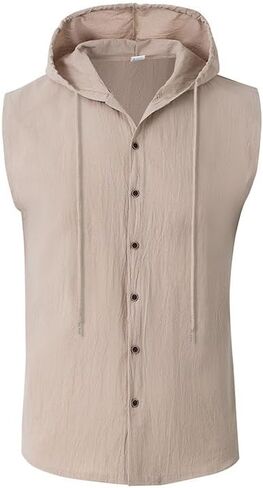 Men Linen Sleeveless Hoodies Button Down Shirt Summer Casual Hawaiian Beach Lightweight Fashion Hoodies in Saudi Arabia