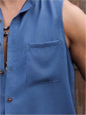 GORGLITTER Men's Sleeveless Mock Neck Button Up Boho Shirt Pocket Patched Outerwear Vest in Saudi Arabia