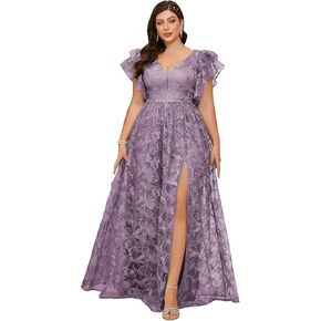 Women's Plus Size V Neck Ruffled Sleeve Embroidered Lace Maxi Dress with High Slit Formal Evening Gown for Weddings in Kuwait