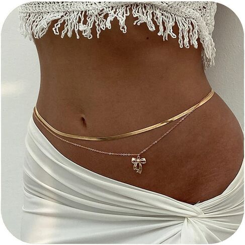 Gold Bow Waist Chains for Women Adjustable Stacking Snake Waist Chain Waterproof Sexy Beach Bikini Body Jewelry in Kuwait