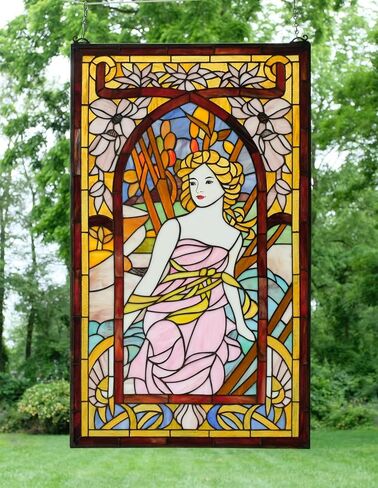 20" x 34" Alphonse Mucha Art. The Times of The Day: Morning Awakening, Hanging Stained Glass Window Panel in Saudi Arabia