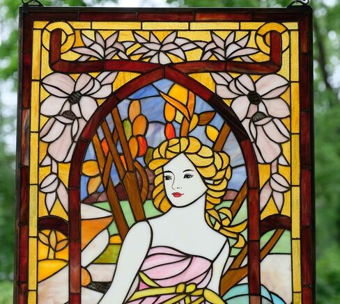20" x 34" Alphonse Mucha Art. The Times of The Day: Morning Awakening, Hanging Stained Glass Window Panel in Saudi Arabia
