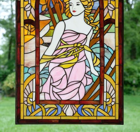 20" x 34" Alphonse Mucha Art. The Times of The Day: Morning Awakening, Hanging Stained Glass Window Panel in Saudi Arabia