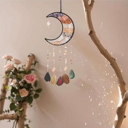 Feng Shui Decor Chakra Crystal Tree of Life Dream Catchers for Adults, Agate Gemstone Weaving Wind Chimer Suncatchers for Windows Hanging Ornament, (Rainbow Moon) in Saudi Arabia