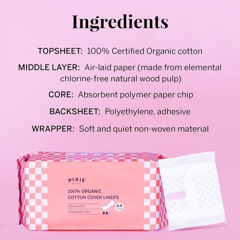 Pixie Organic Cotton Panty Liners for Women - Long Wrapped Pantiliners - Light Absorbency & Ultra-Thin - Leak-Proof, Hypoallergenic & Unscented - Compostable - 44 Count in Saudi Arabia